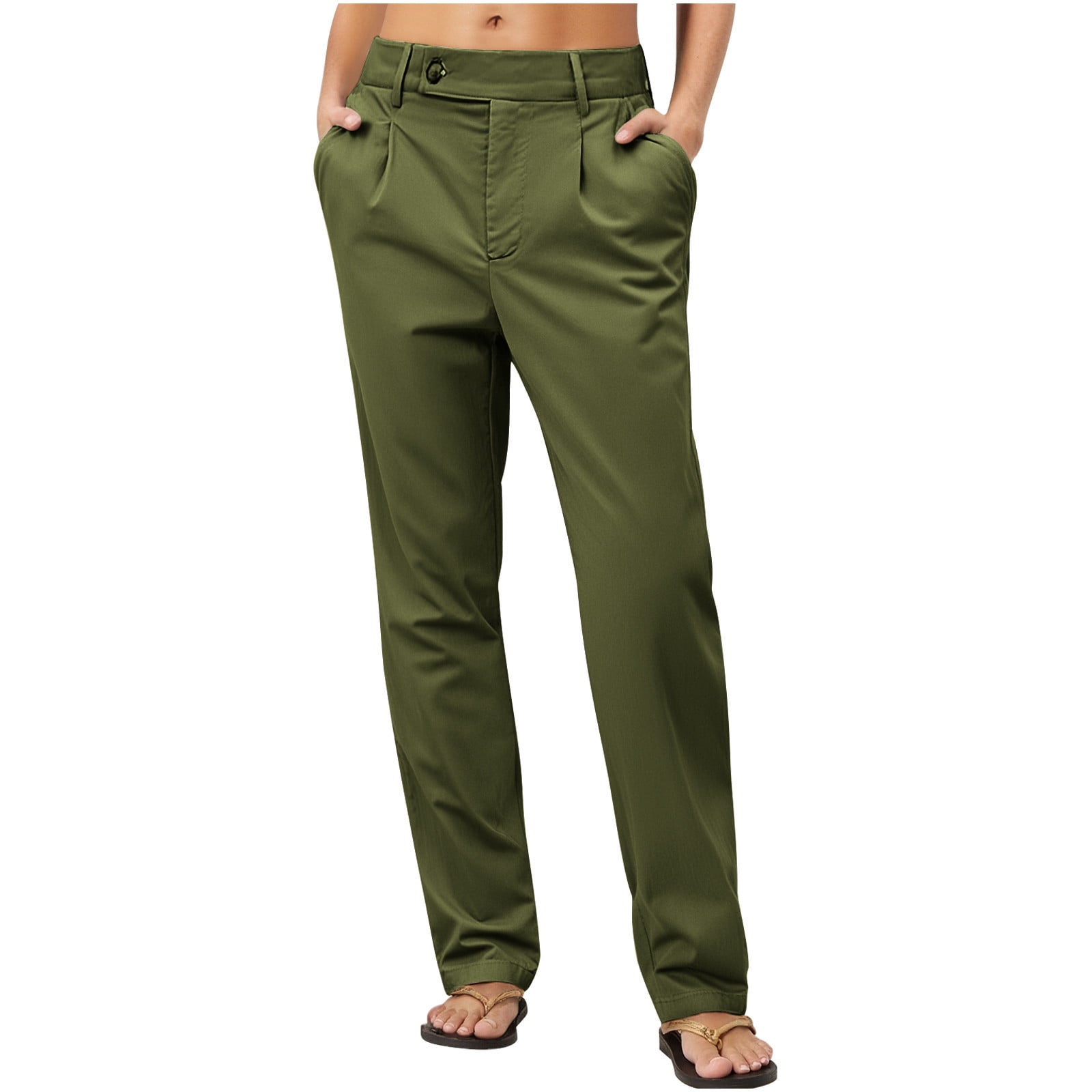Women's Solid Cargo Pants - Casual Straight Leg Trousers with Buttoned Pockets & Functional Design