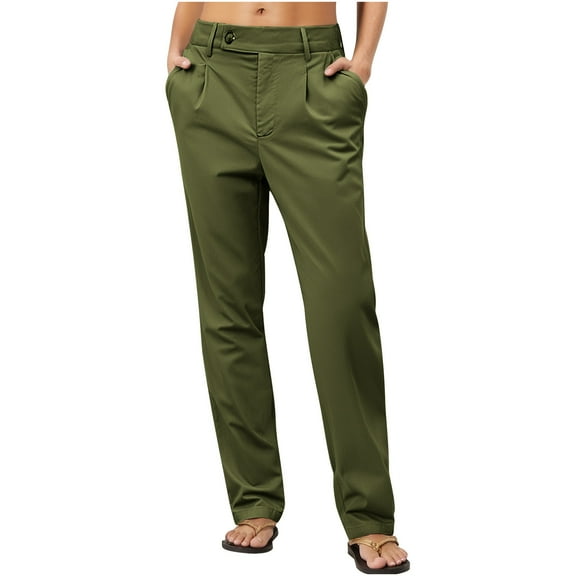 Roncen Women's Solid Cargo Pants - Casual Straight Leg Trousers with Buttoned Pockets & Functional Design