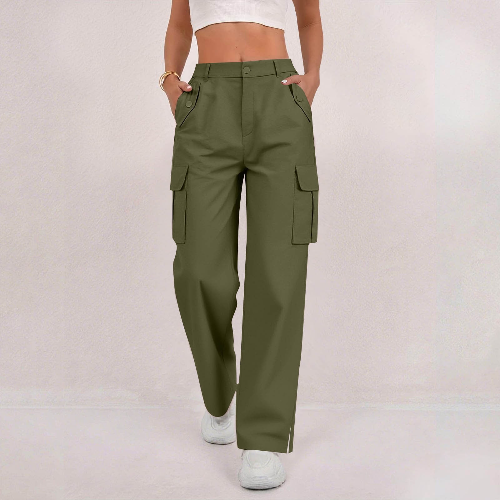 Women's Solid Cargo Pants - Elastic Waist Trousers with Button Closure, Side Slit & Functional Pockets
