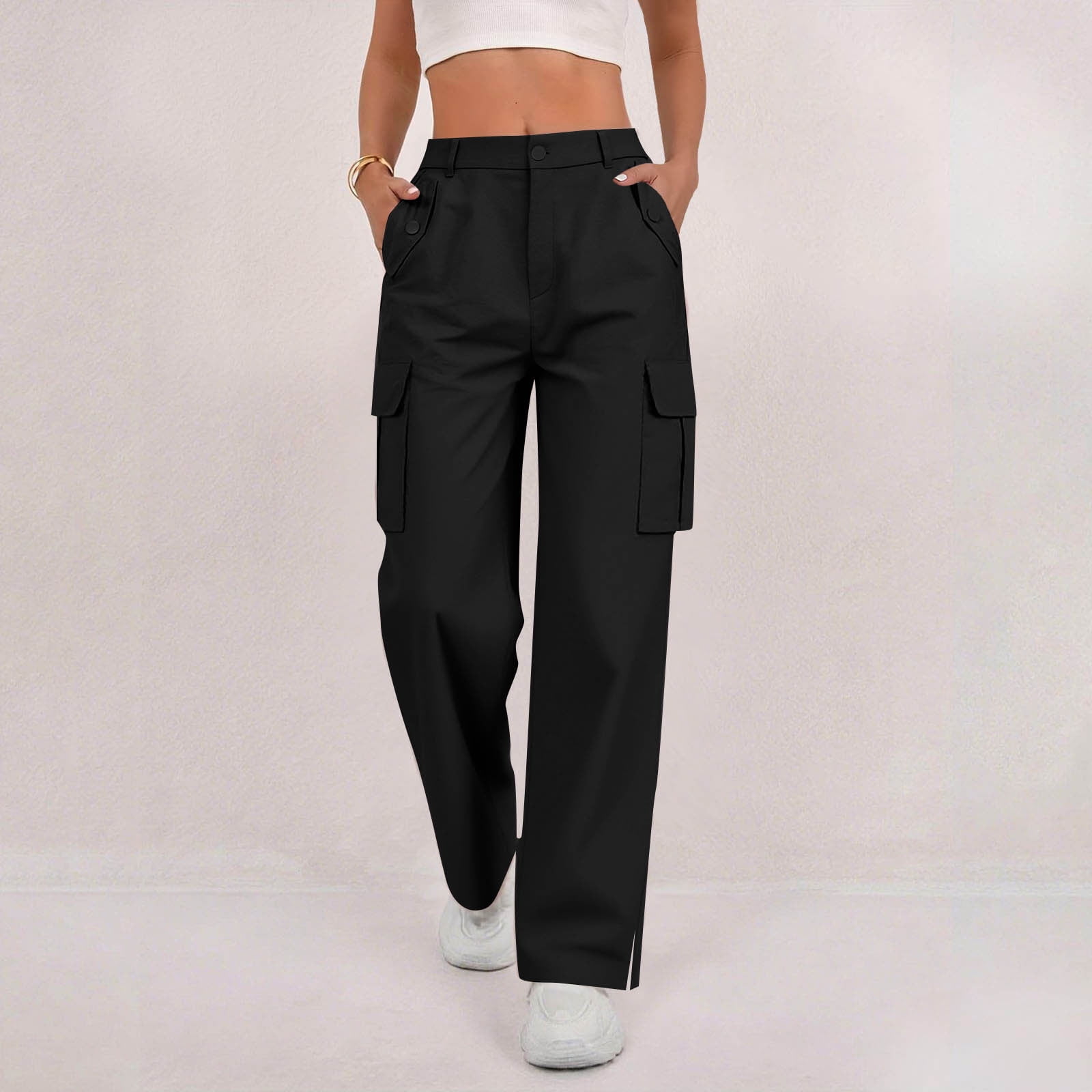 Women's Solid Cargo Pants - Elastic Waist Trousers with Button Closure, Side Slit & Functional Pockets