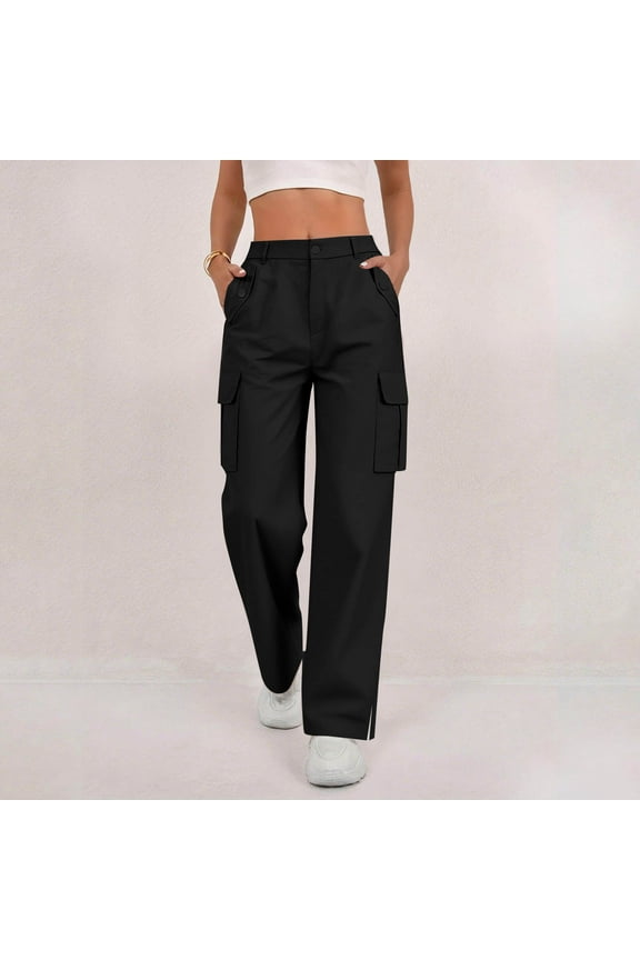 Women's Solid Cargo Pants - Elastic Waist Trousers with Button Closure, Side Slit & Functional Pockets