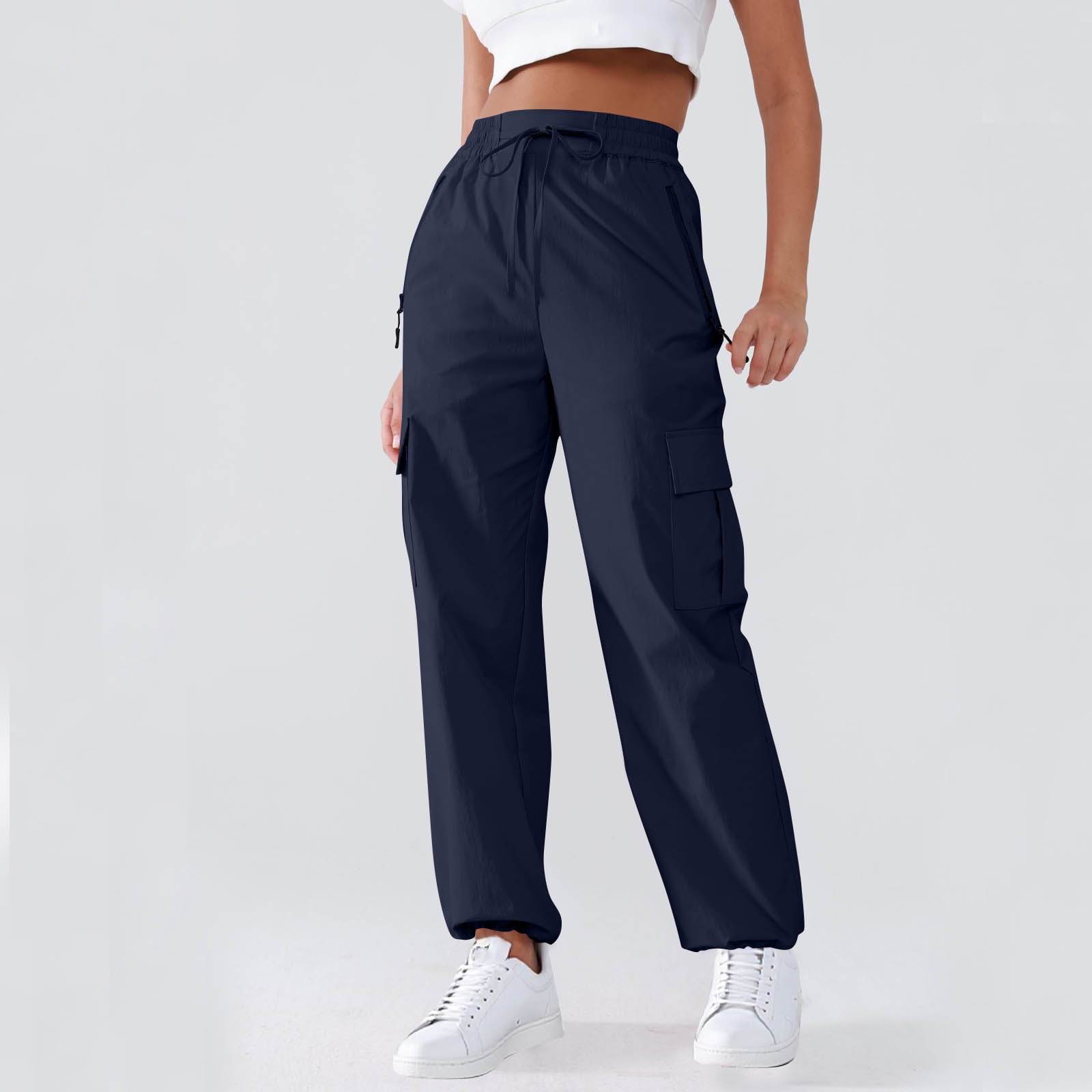 Women's Solid Cargo Pants - Elastic Waist with Drawstring & Zipper Pockets, Casual Stretch Trousers for Comfort Fit