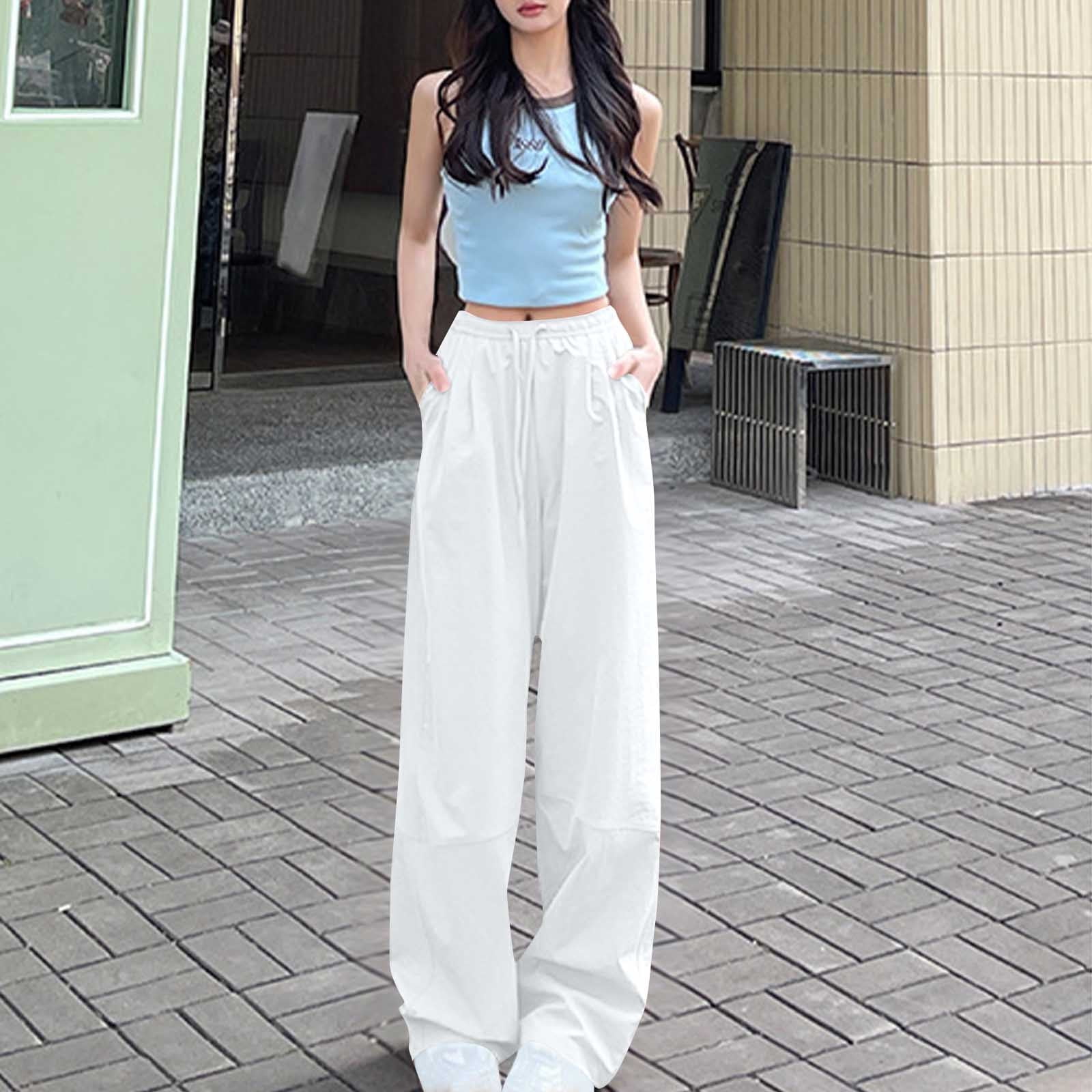 Women's Solid Cargo Pants - Loose Fit Casual Trousers with Drawstring Waist & Functional Pockets