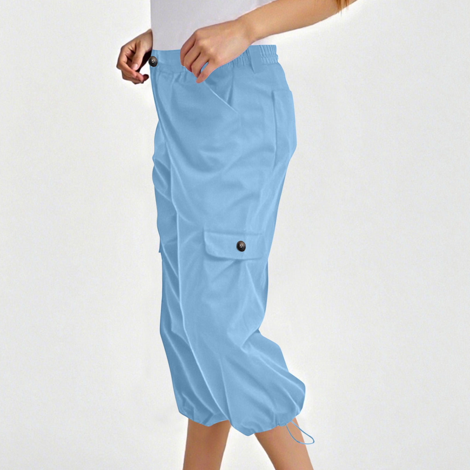 Women's Solid Cargo Pants - Mid-Rise Elastic Waist with Drawstring Cuffs, Multi-Pocket Outdoor Work Trousers Featuring Button Details & Utility Design