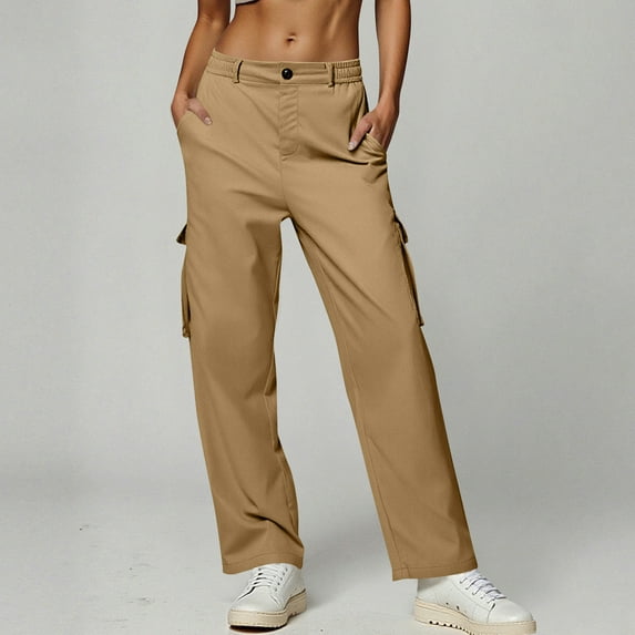 Roncen Women's Solid Cargo Pants - Straight-Leg Casual Trousers with Button Closure & Utility Pockets for Workwear Style