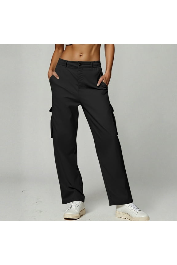 Women's Solid Cargo Pants - Straight-Leg Casual Trousers with Button Closure & Utility Pockets for Workwear Style