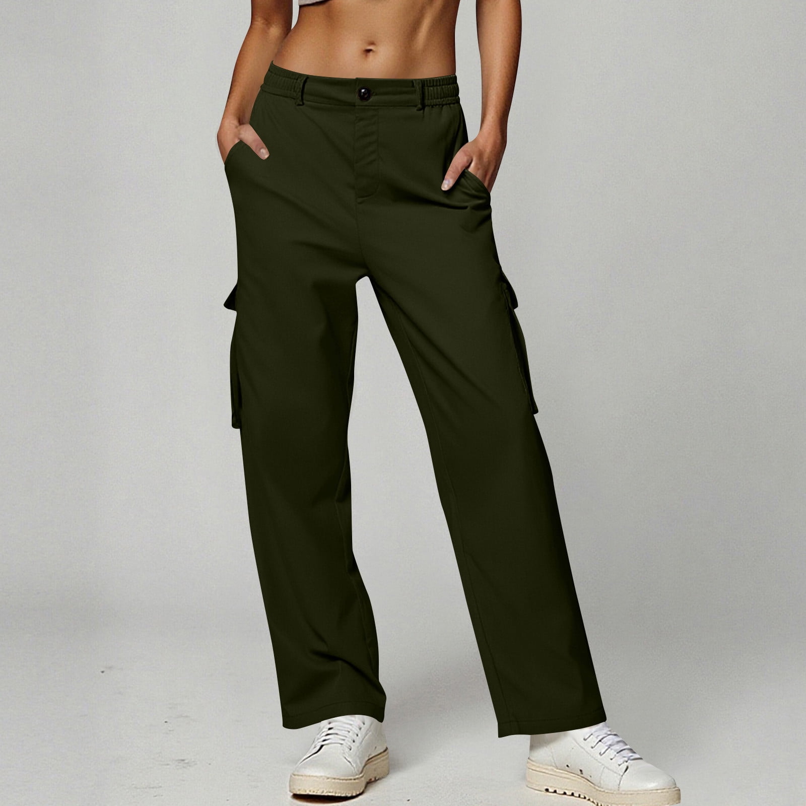 Women's Solid Cargo Pants - Straight-Leg Casual Trousers with Button Closure & Utility Pockets for Workwear Style