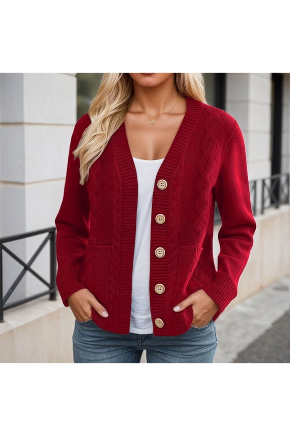 Women's Solid Color Button-Up Cardigan - Long Sleeve Knit Sweater Coat with Open Front - Casual Loose Fit Cozy Outwear for Fall and Winter Seasons