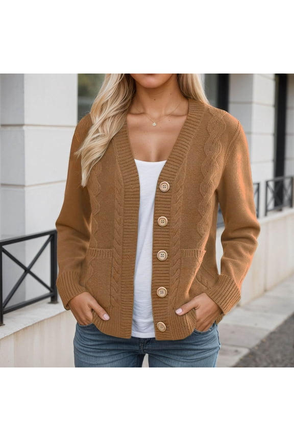 Women's Solid Color Button-Up Cardigan - Long Sleeve Knit Sweater Coat with Open Front - Casual Loose Fit Cozy Outwear for Fall and Winter Seasons