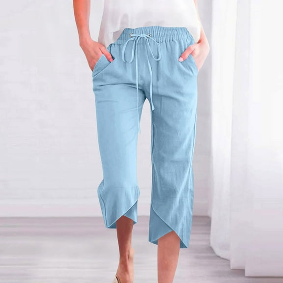 Roncen Women's Solid Color Capri Pants - Casual Cotton Linen Straight Leg Trousers with Drawstring Waist & Pockets