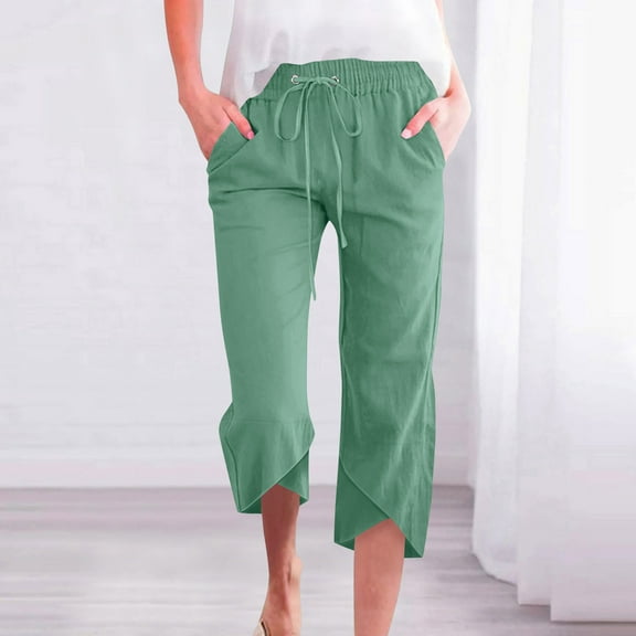 Roncen Women's Solid Color Capri Pants - Casual Cotton Linen Straight Leg Trousers with Drawstring Waist & Pockets