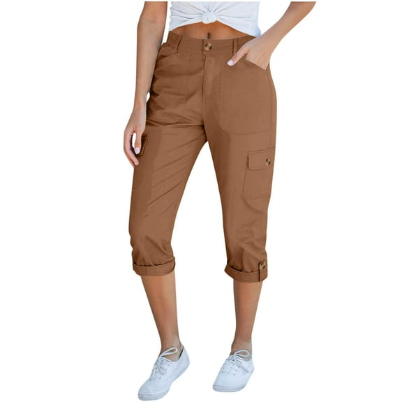 Roncen Women's Solid Color Cargo Capri Pants - Casual Utility Trousers with Button & Zipper Closure, Elastic Waistband, Adjustable Ankle Snap and Multiple Pockets