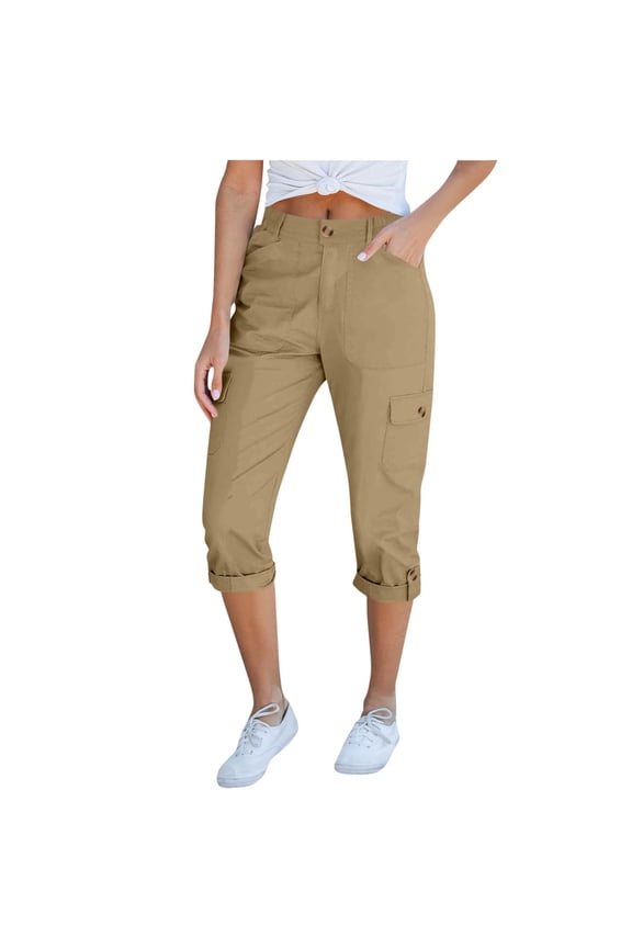 Women's Solid Color Cargo Capri Pants - Casual Utility Trousers with Button & Zipper Closure, Elastic Waistband, Adjustable Ankle Snap and Multiple Pockets