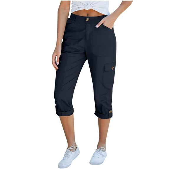 Roncen Women's Solid Color Cargo Capri Pants - Casual Utility Trousers with Button & Zipper Closure, Elastic Waistband, Adjustable Ankle Snap and Multiple Pockets
