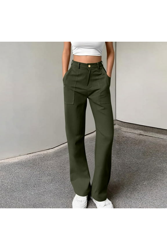 Women's Solid Color Cargo Pants - Relaxed Fit Button-Front Casual Trousers with Utility Pockets & Sporty Style