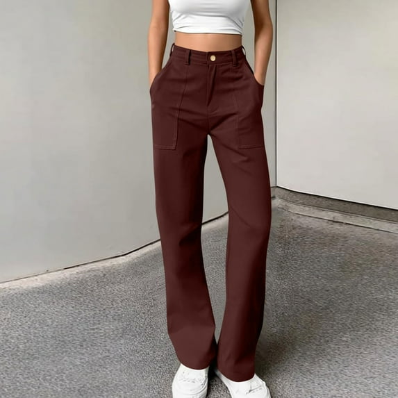 Roncen Women's Solid Color Cargo Pants - Relaxed Fit Button-Front Casual Trousers with Utility Pockets & Sporty Style