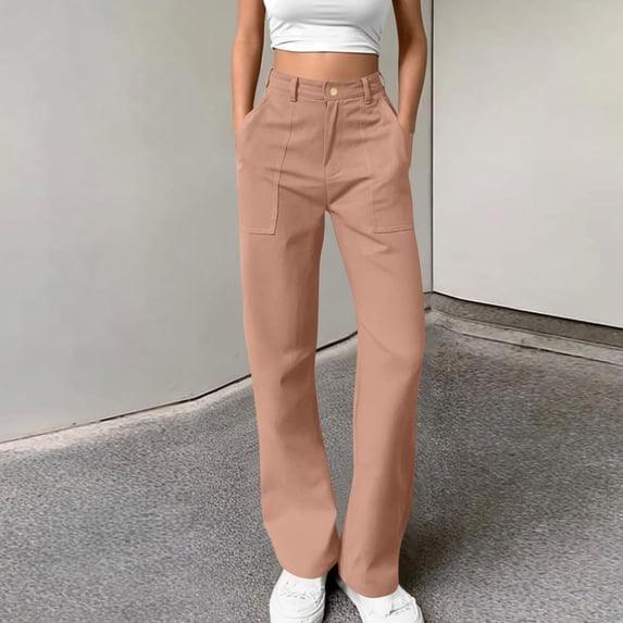 Roncen Women's Solid Color Cargo Pants - Relaxed Fit Button-Front Casual Trousers with Utility Pockets & Sporty Style