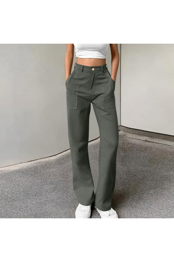 Women's Solid Color Cargo Pants - Relaxed Fit Button-Front Casual Trousers with Utility Pockets & Sporty Style