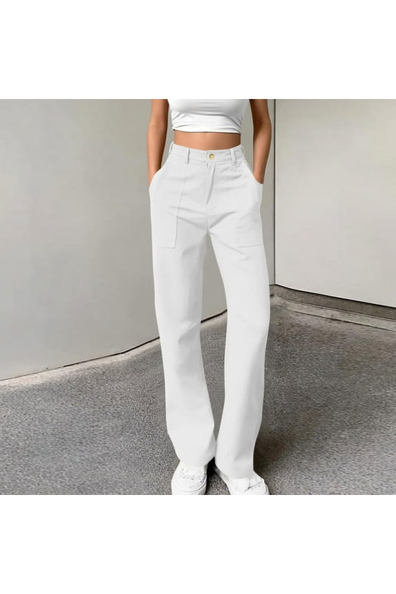 Women's Solid Color Cargo Pants - Relaxed Fit Button-Front Casual Trousers with Utility Pockets & Sporty Style