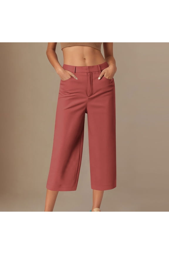 Women's Solid Color Casual Capri Pants - Loose Fit Snap Button Cropped Trousers with Side Pockets