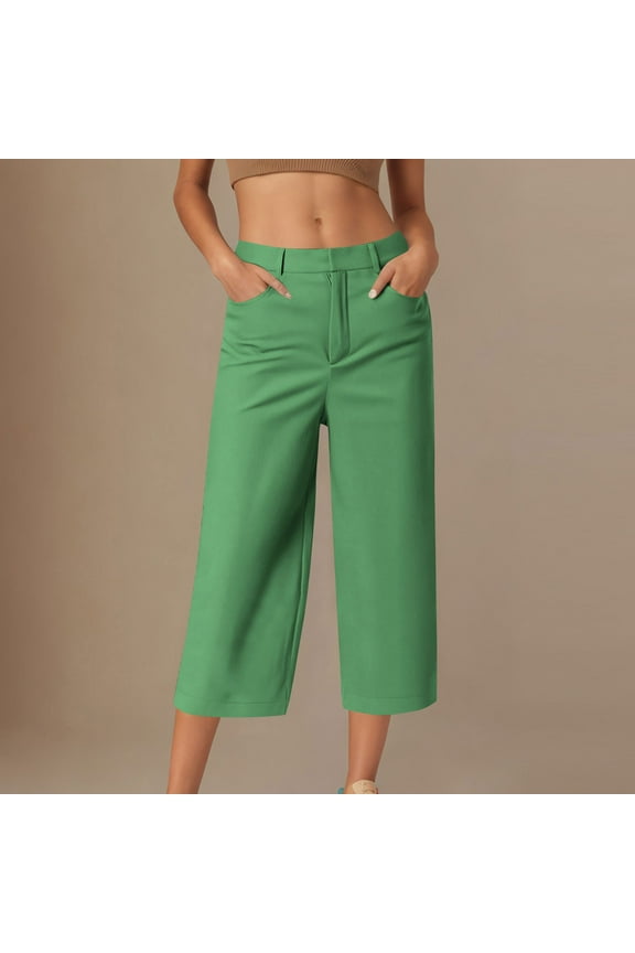 Women's Solid Color Casual Capri Pants - Loose Fit Snap Button Cropped Trousers with Side Pockets