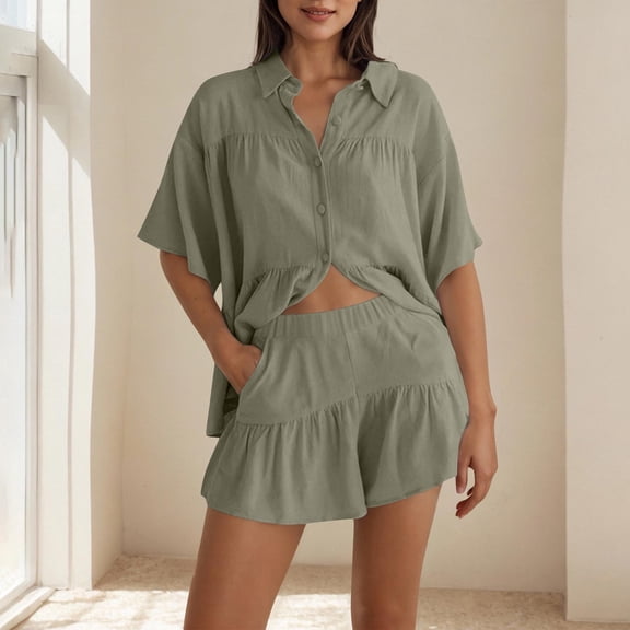 Roncen Women's Solid Color Casual Knit Cardigan & Shorts Set - Short Sleeve Collar Top with Elastic Waist Pocket Shorts - Sporty Loungewear Outfit for Women