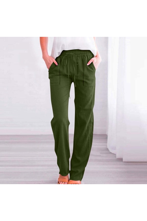 Women's Solid-Color Casual Pants - Sporty Elastic Waist Trousers with Drawstring & Cotton-Linen Look Pockets