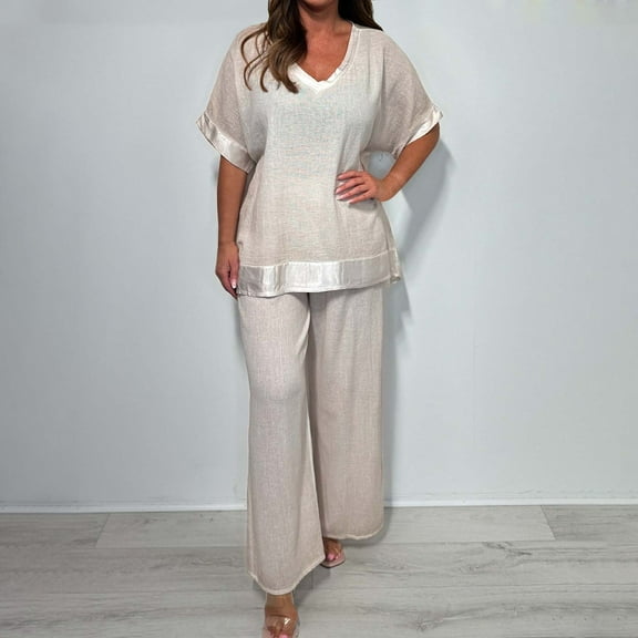 Roncen Women's Solid Color Casual Suit Set - V-Neck Mid-Sleeve Top & Straight-Leg Pants with Pockets for Spring Summer Comfort