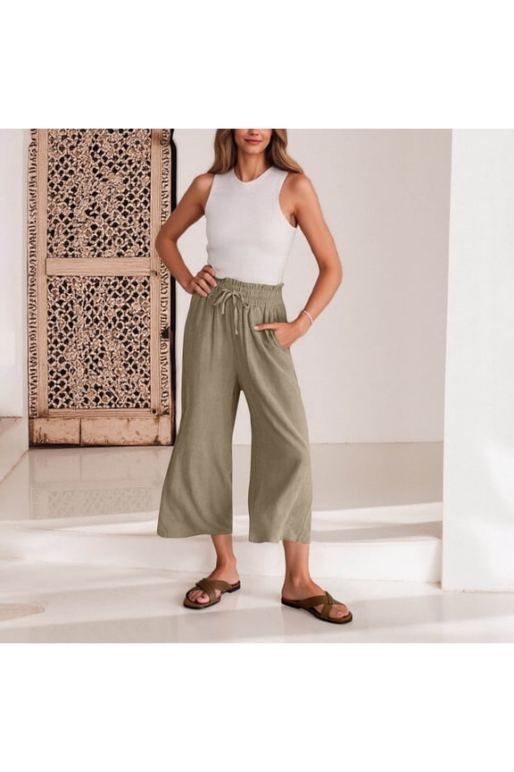 Women's Solid Color Cropped Pants - Stretchy Elastic Waist with Drawstring Tie & Side Pockets, Casual Comfort 7/8 Length Trousers