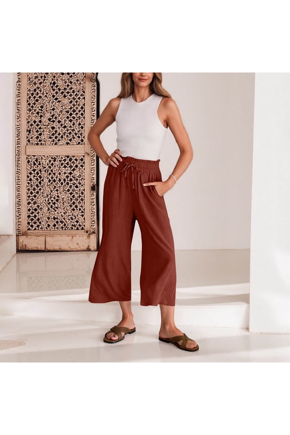 Women's Solid Color Cropped Pants - Stretchy Elastic Waist with Drawstring Tie & Side Pockets, Casual Comfort 7/8 Length Trousers