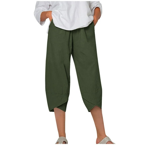 Roncen Women's Solid Color Cross Hem Cropped Jogger Pants - Elastic Waist Casual Trousers with Pockets