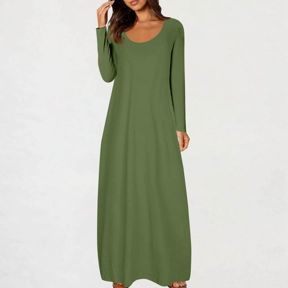 Roncen Women's Solid Color Dress with Sexy Round Neck and Long Sleeves - Elegant Long Dress