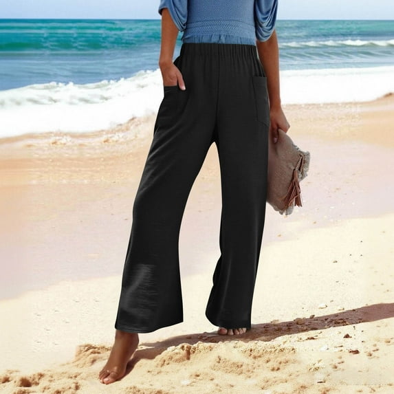 Roncen Women's Solid Color Elastic Waist Trousers - Stretchy Fit with Zipper Closure & Side Pockets for Comfortable Wear