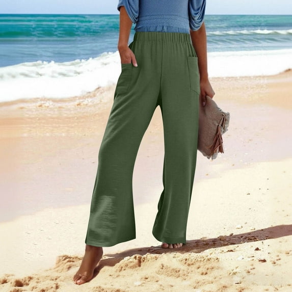 Roncen Women's Solid Color Elastic Waist Trousers - Stretchy Fit with Zipper Closure & Side Pockets for Comfortable Wear