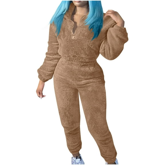 Roncen Women's Solid-Color Fleece Tracksuit Set - Long Sleeve Turn-Down Collar Loose Fit Casual Jogger Pants with Soft & Warm Two-Piece Outfit
