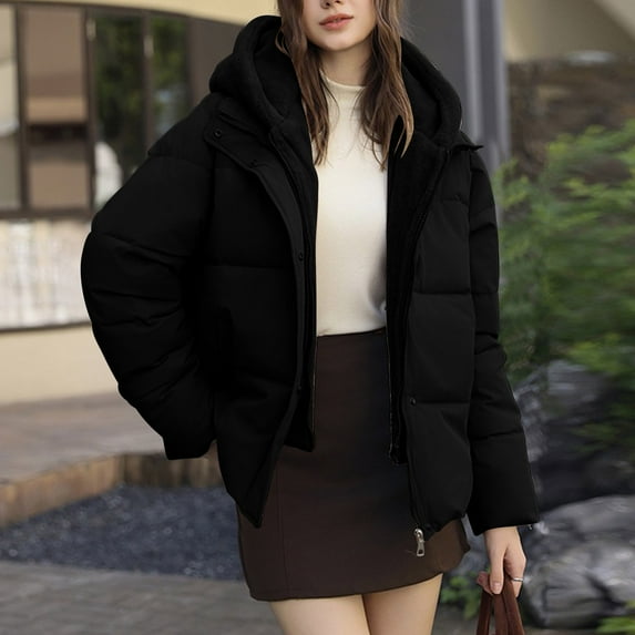 Roncen Women's Solid Color Hooded Two-in-One Puffer Coat - Long Sleeve Winter Jacket with Detachable Layered Design - Cotton Blend Warm Outerwear for Casual Style