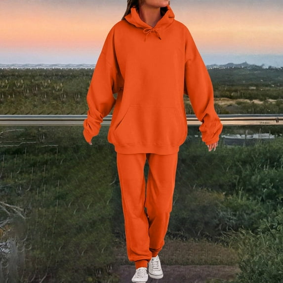 Roncen Women's Solid Color Hoodie and Jogger Pants Set - Casual Long Sleeve Pullover with Drawstring Hood & Pockets, Matching Loungewear Outfit