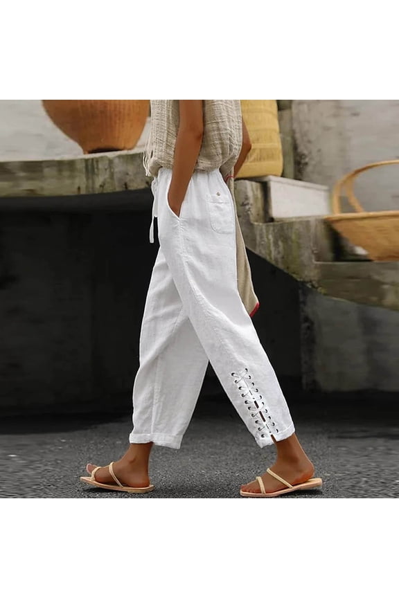 Women's Solid Color Linen-Blend Wide-Leg Pants - Elastic Waist Straight Cut Ankle-Length Casual Trousers with Versatile Design