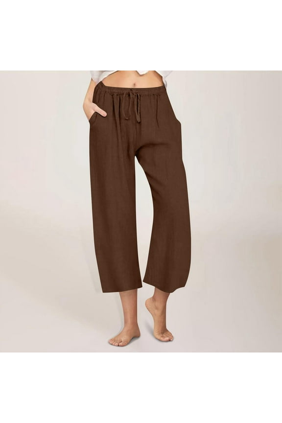 Women's Solid Color Linen-Cotton Culottes - Relaxed Wide Leg Mid-Calf Pants with Drawstring Waist for Casual Comfort
