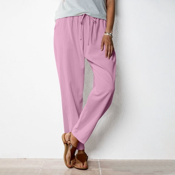 Roncen Women's Solid Color Linen Pants - Elastic Waist with Drawstring & Pockets, Comfortable Casual Trousers for Everyday Wear