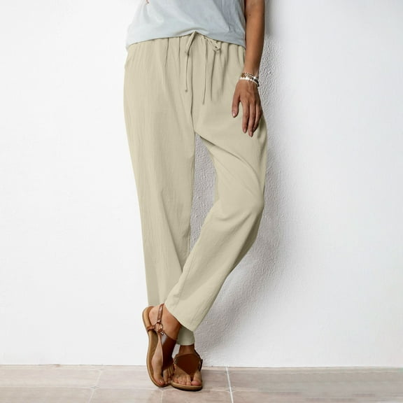 Roncen Women's Solid Color Linen Pants - Elastic Waist with Drawstring & Pockets, Comfortable Casual Trousers for Everyday Wear