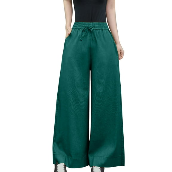 Roncen Women's Solid Color Linen Straight-Leg Pants - High Waist Plus Size Loose Fit Drapey Casual Trousers with Elastic Waist & Comfortable Design