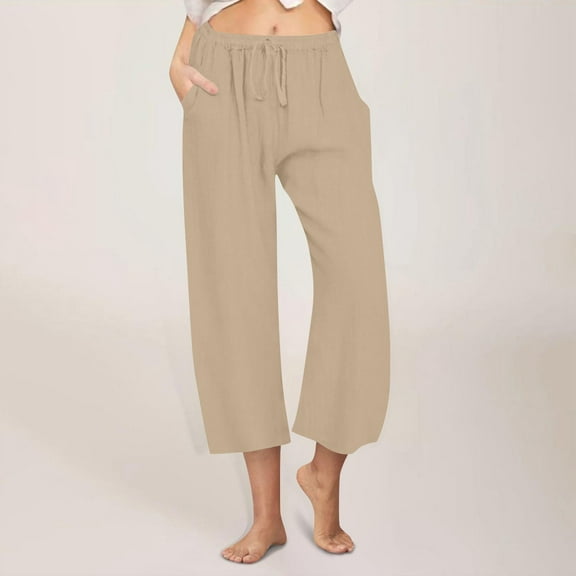 Roncen Women's Solid Color Linen Wide-Leg Cropped Pants - Loose Fit Casual with Drawstring Waist & Breathable Linen Fabric