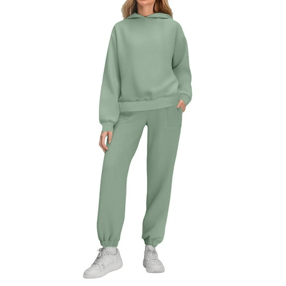 Roncen Women's Solid Color Long Sleeve Hooded Sweatshirt Fashion Leisure Pants Set