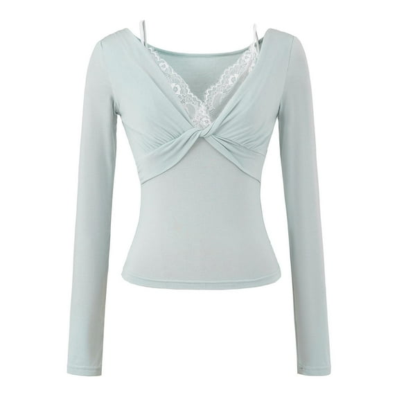 Roncen Women's Solid Color Long Sleeve V-Neck Blouse with Lace Trim Detail - Casual and Elegant Top for Layering, Everyday Wear and Fashion Outfits