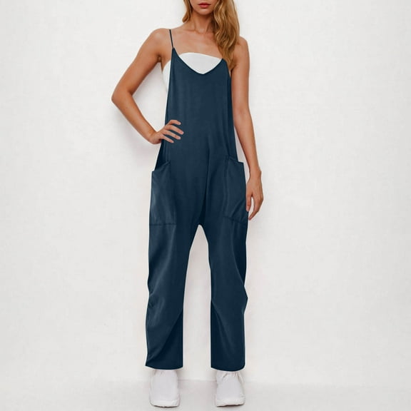 Roncen Women's Solid Color Overalls Jumpsuit - Adjustable Straps with Pockets, Casual Loose Fit Denim Romper for Daily Wear