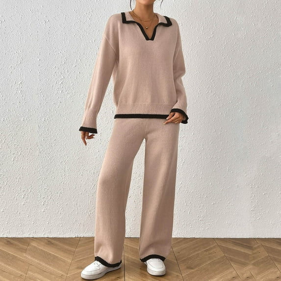 Roncen Women's Solid Color Patch Collar Long Sleeve Top and Straight Leg Pants Two-Piece Set - Trendy and Comfortable