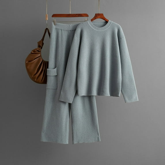 Roncen Women's Solid Color Round Neck Long Sleeve Top and Pants Two-Piece Knitwear Set - Comfortable and Stylish