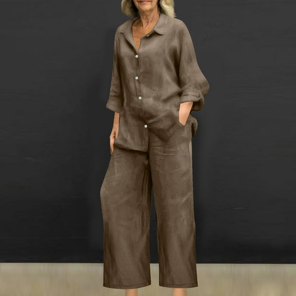 Roncen Women's Solid Color Shirt & Wide Leg Pants Set - Spring Summer Casual Turn-Down Collar Short Sleeve Tops with Pockets & Comfortable High Waist Trousers