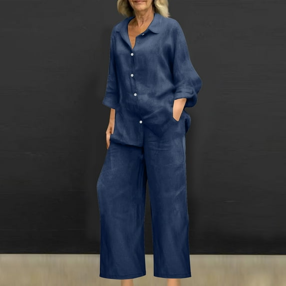 Roncen Women's Solid Color Shirt & Wide Leg Pants Set - Spring Summer Casual Turn-Down Collar Short Sleeve Tops with Pockets & Comfortable High Waist Trousers